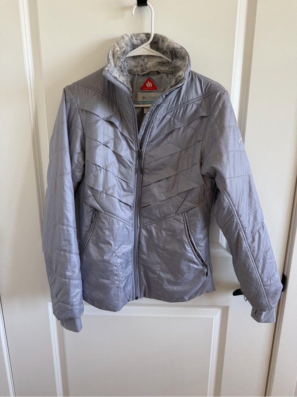 Columbia Silver Quilted Puffer Jacket with Faux-Fur Collar